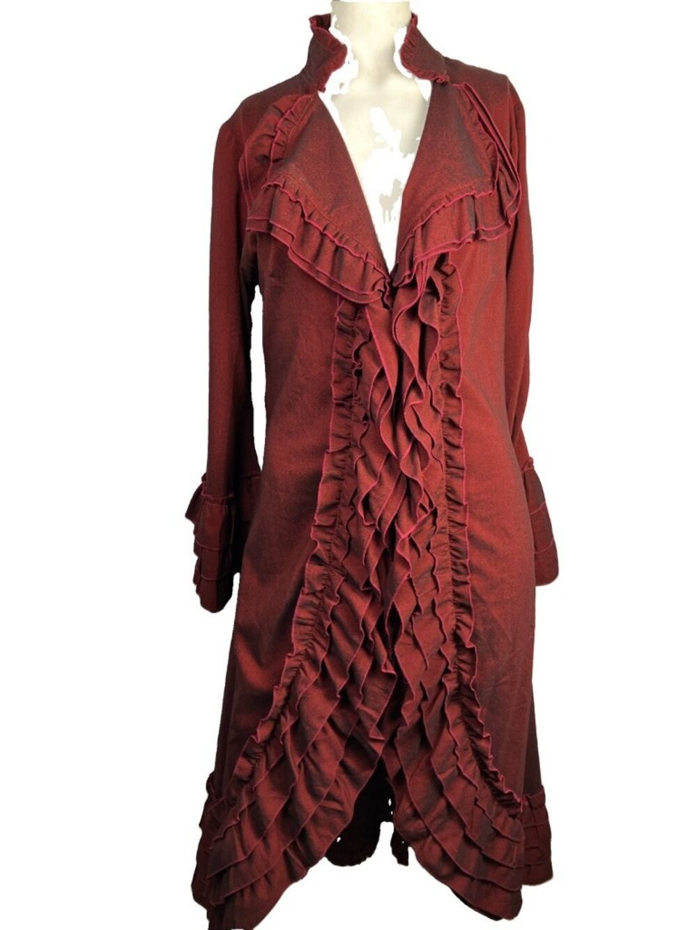 S Cordelia Red Ruffle Stand Collar Pirate Goth Clubbing Coat Lagenlook Military